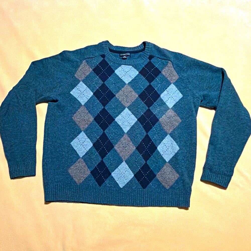 Lands' End Men's XL Lambswool Argyle Crew Neck Knit Pullover Sweater Blue Gray